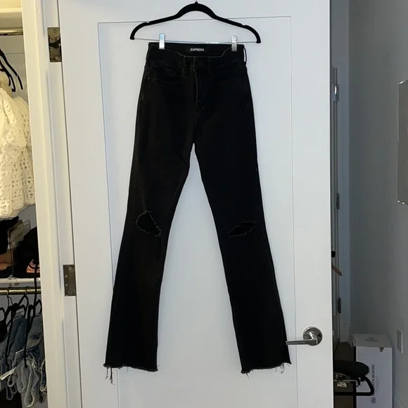 Express High Waisted Black Ripped Bootcut Jeans